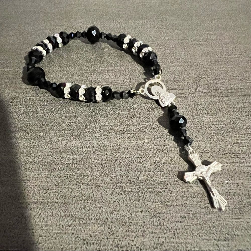 Religious Black beaded Bracelet with Rhinestones
